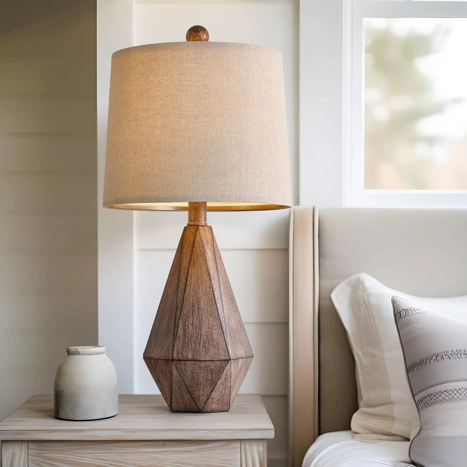 Faceted Wood-Grain Table Lamp — Set of Two
