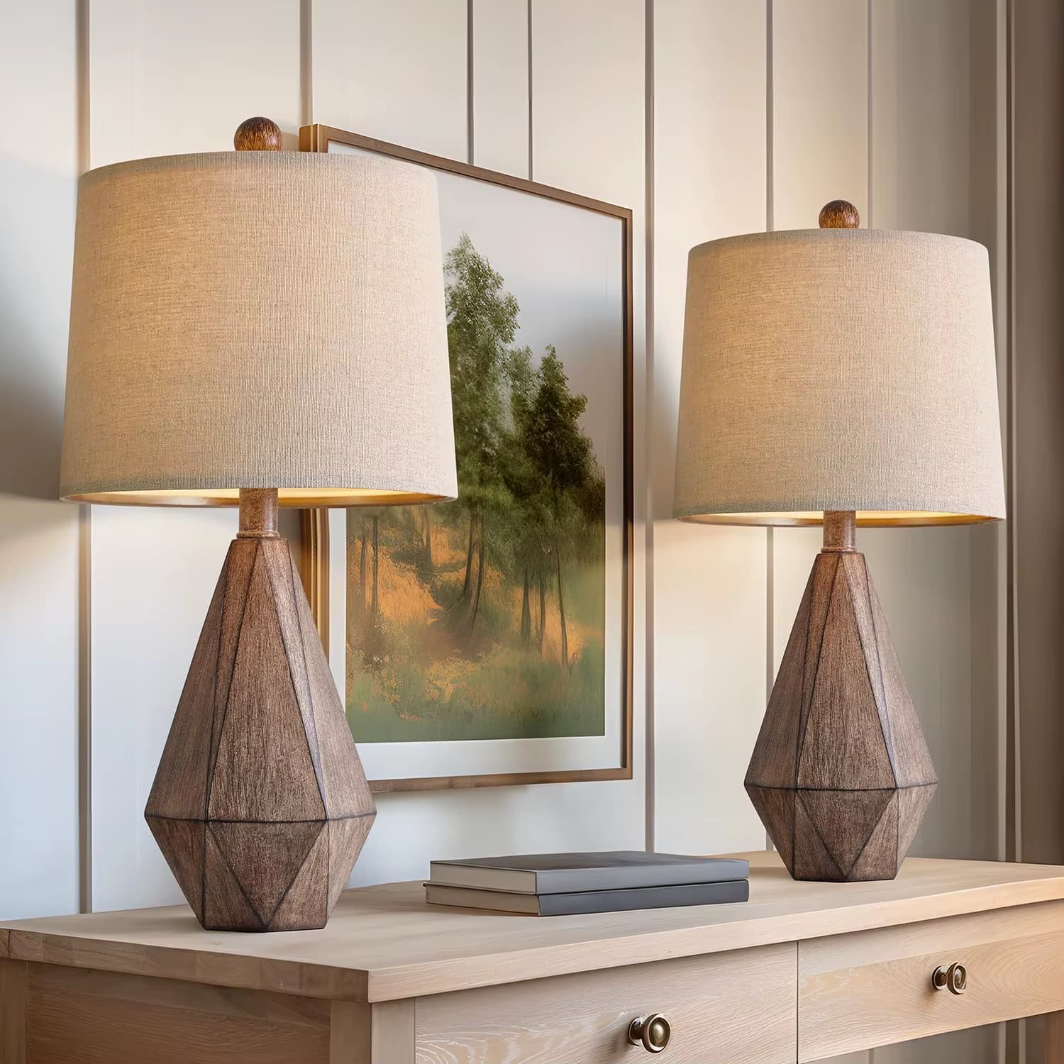Faceted Wood-Grain Table Lamp — Set of Two