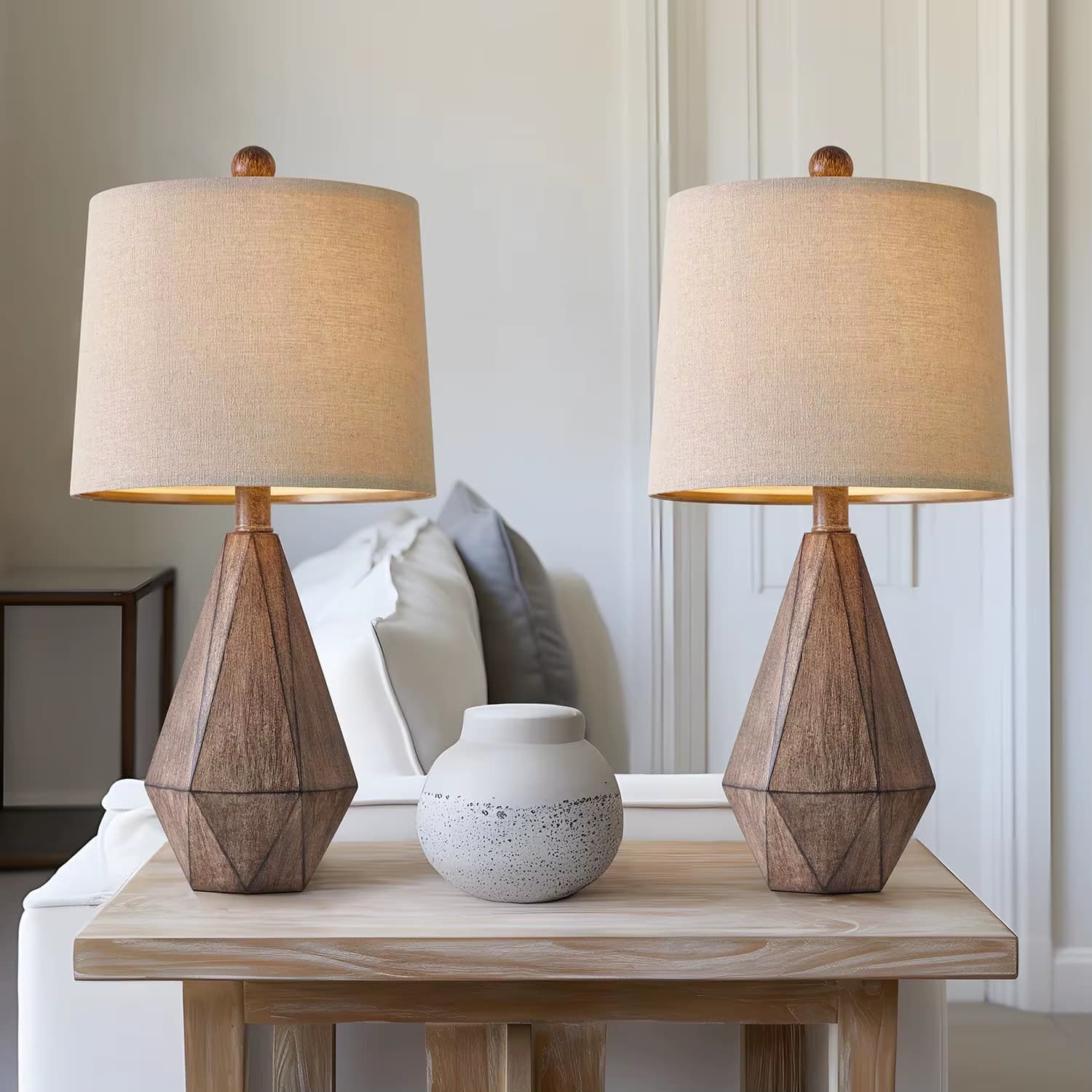 Faceted Wood-Grain Table Lamp — Set of Two