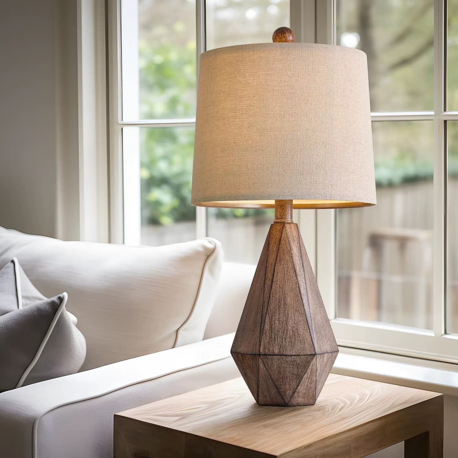 Faceted Wood-Grain Table Lamp — Set of Two